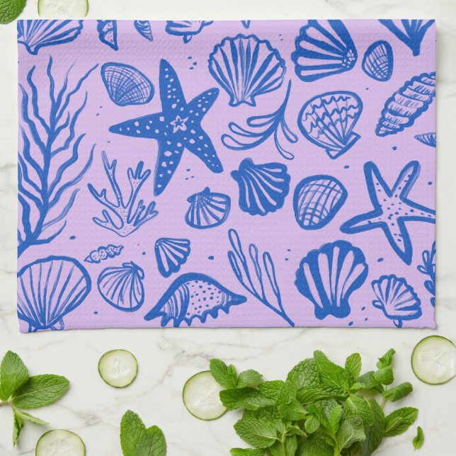 Seashells Blue & Purple Pattern Beach Shells Chic  Tea Towel (Folded)
