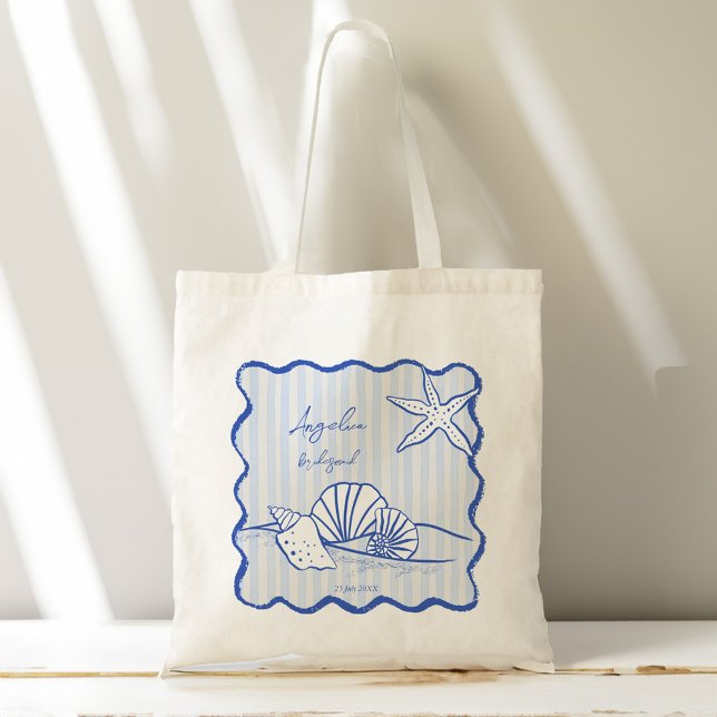 Seashells blue wavy border beach bridesmaids gifts tote bag (Seashells blue wavy border beach bridesmaids gifts personalized name tote bag bridal party favors)