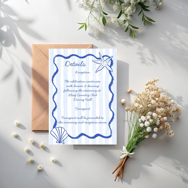 Seashells blue wavy border beach wedding details enclosure card (Seashells blue wavy border beach wedding invitation details enclosure cards)