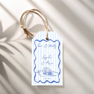 Seashells blue wavy border beach wedding favours gift tags