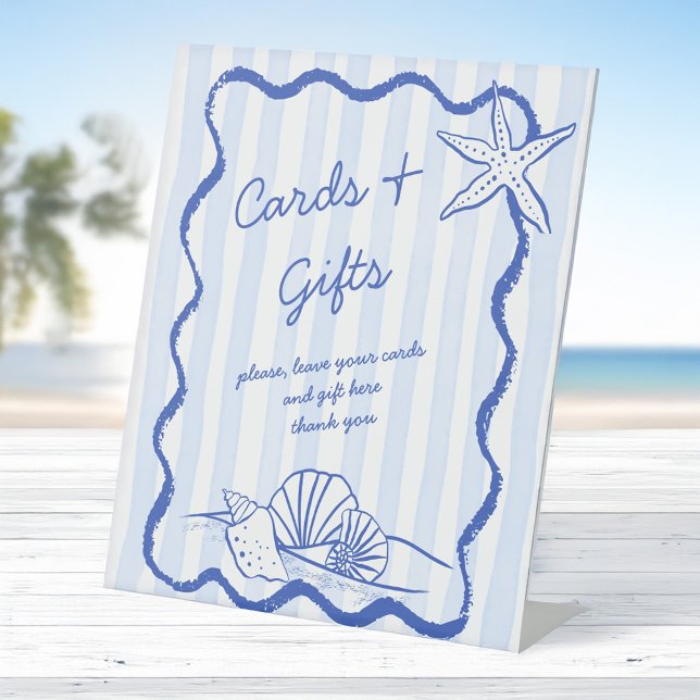 Seashells blue wavy border beach wedding gifts pedestal sign (Seashells handrawn blue wavy border beach wedding gifts table pedestal sign personalized signs)