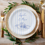 Seashells blue wavy border beach wedding monogram paper plate<br><div class="desc">Seashells blue handrawn wavy border beach wedding monogrammed paper plates template,   beach wedding personalised paper plates,  sketch beach wedding personalised table decor,  summer wedding printed paper plates,  seashells on the beach wedding personalised table decor,  handwriting wedding personalised decor</div>