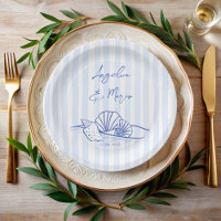 Seashells blue wavy border beach wedding monogram