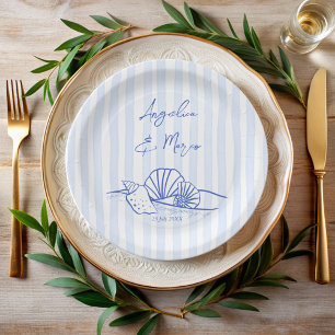 Seashells blue wavy border beach wedding monogram paper plate