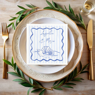 Seashells blue wavy border beach wedding napkin