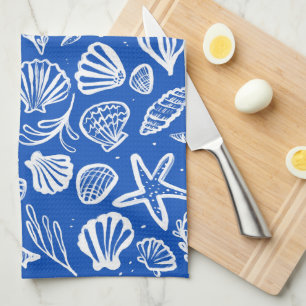 Seashells Blue & White Pattern Beach Shells Chic Tea Towel