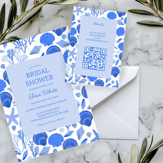 Seashells Bridal Shower Chic Blue Beach CUSTOM QR Enclosure Card (Seashells Bridal Shower Elegant Blue Beach CUSTOM Enclosure Card
)