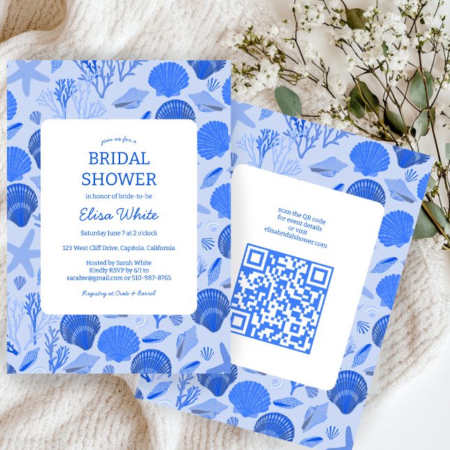 Seashells Bridal Shower Chic Blue Beach CUSTOM QR Invitation (Seashells Bridal Shower Chic Blue Beach CUSTOM QR Invitation
)
