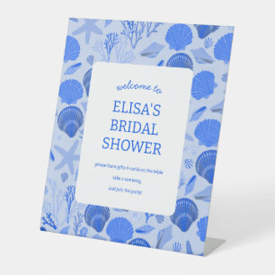 Seashells Bridal Shower Elegant Blue Beach CUSTOM Pedestal Sign