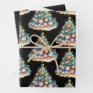 SeaShells Christmas Tree Ocean Water Starfish  Wrapping Paper Sheet