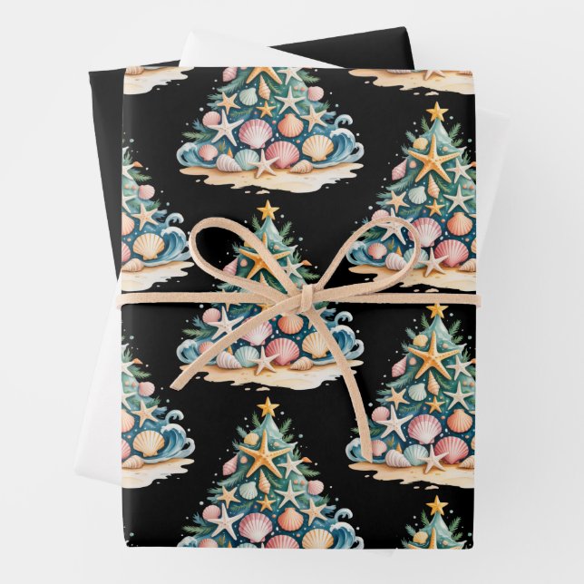 SeaShells Christmas Tree Ocean Water Starfish  Wrapping Paper Sheet (In situ)