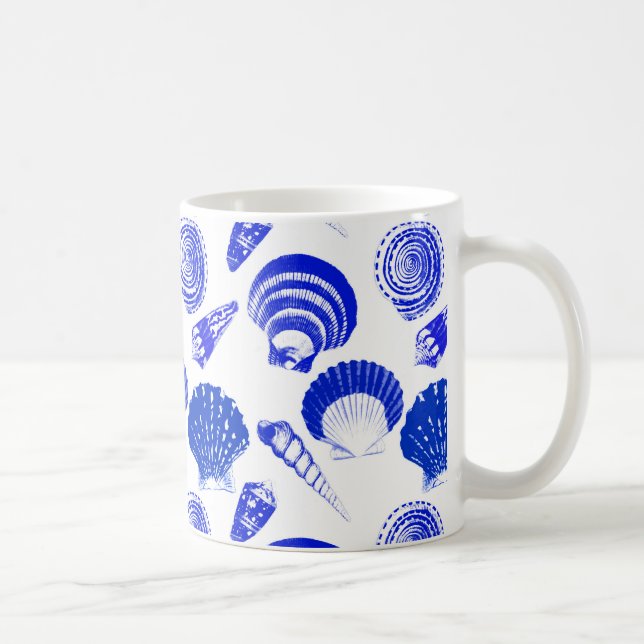 Seashells - cobalt blue on a white background coffee mug (Right)