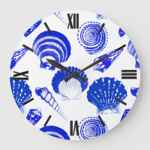 Seashells - cobalt blue on a white background large clock