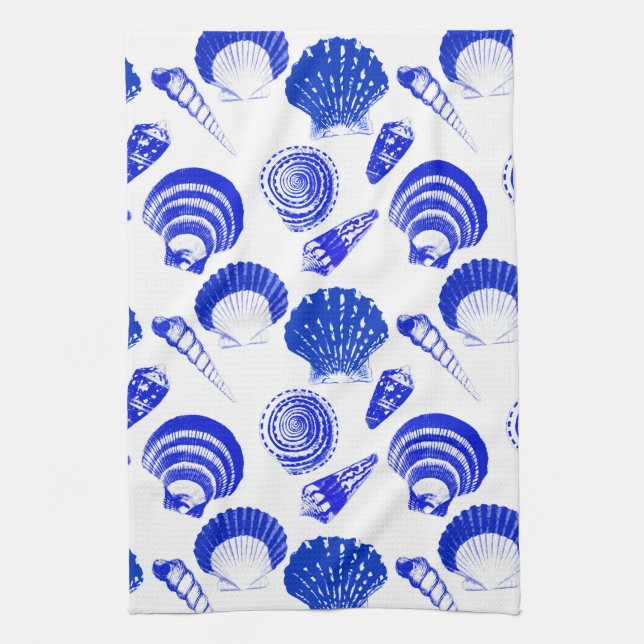 Seashells - cobalt blue on a white background tea towel (Vertical)