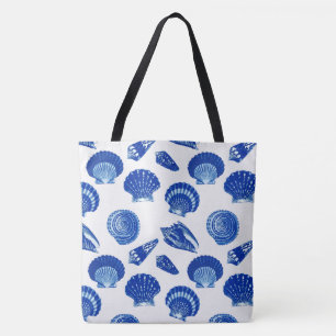 Seashells - cobalt blue on a white background tote bag