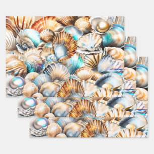 Seashells collage iridescent shimmer beach pattern wrapping paper sheet