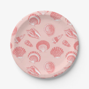 Seashells - coral pink and white paper plate