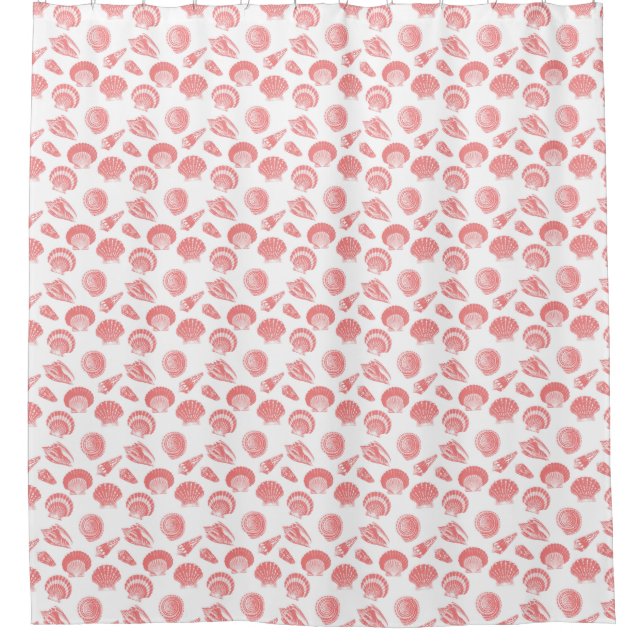 Seashells - coral pink and white shower curtain (Front)