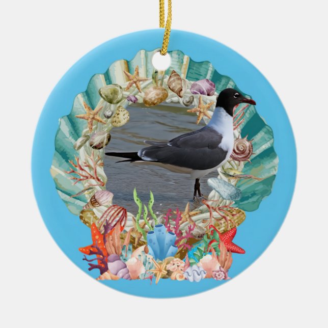 Seashells, Coral & Seagull Coastal Christmas Ceramic Ornament (Front)