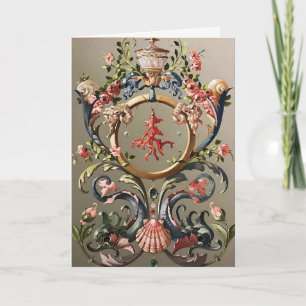 SEASHELLS,CORALS,DOLPHINS,ANTIQUE FLORAL SWIRLS HOLIDAY CARD