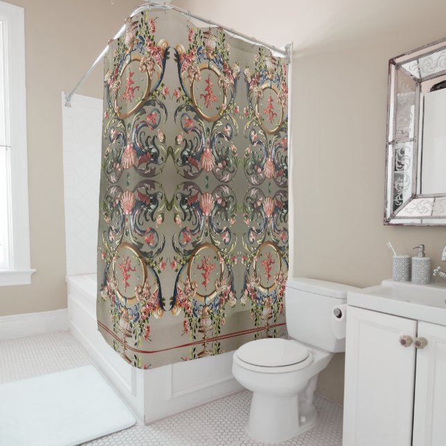 SEASHELLS,CORALS,DOLPHINS,ANTIQUE FLORAL SWIRLS  SHOWER CURTAIN (In Situ)