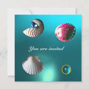 SEASHELLS DAMASK GEM BEACH WEDDING blue aquamarine Invitation