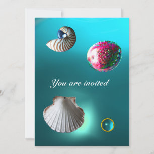 SEASHELLS DAMASK GEM BEACH WEDDING blue aquamarine Invitation