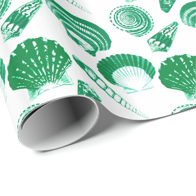 Seashells - emerald green on a white background wrapping paper (Roll Corner)