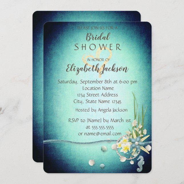 Seashells,Flowers,Gold Heart Bridal Shower Invitation (Front/Back)