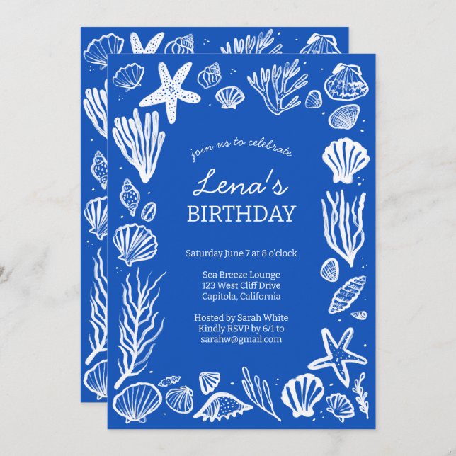 Seashells Frame Birthday Party Blue Beach CUSTOM Invitation (Front/Back)
