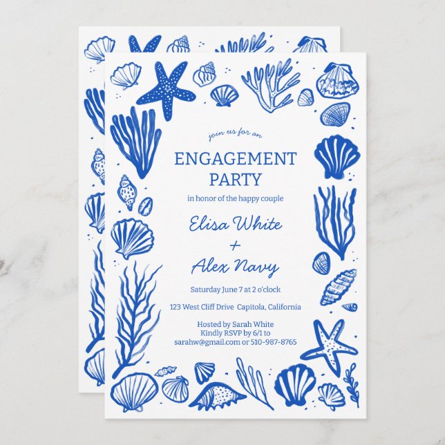 Seashells Frame Engagement Beach CUSTOM Invitation (Front/Back)