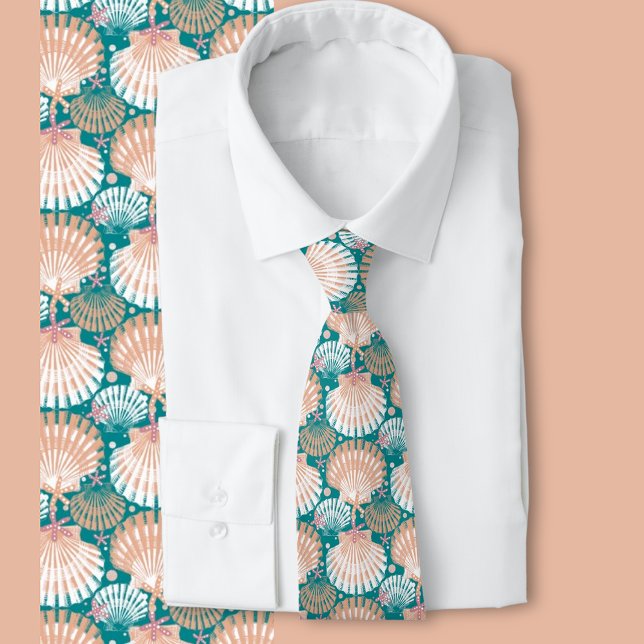 Seashells green tie (Shells and starfish pattern perfect for beach wedding and other formal beach events )