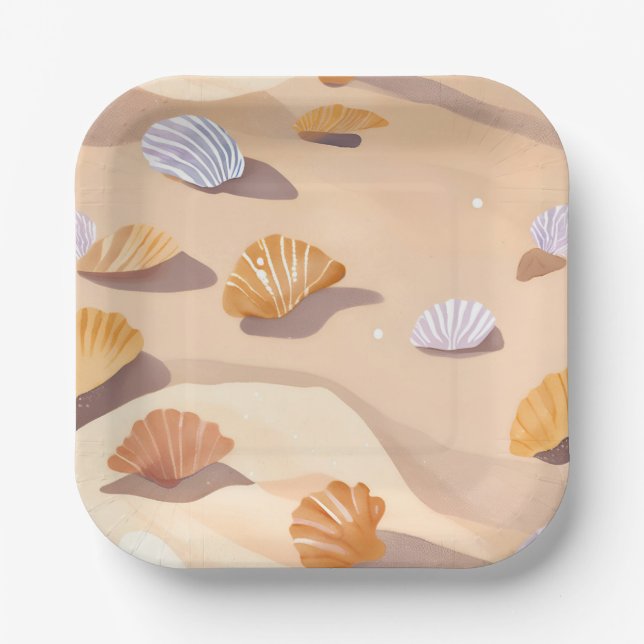 Seashells in the Sand | Beach Ocean Watercolor Paper Plate (Front)