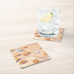 Seashells in the Sand Beach Ocean Watercolor Square Paper Coaster