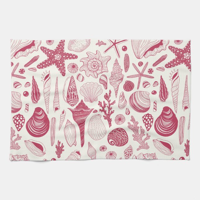 Seashells in Viva Magenta- Colour of the Year 2023 Tea Towel (Horizontal)