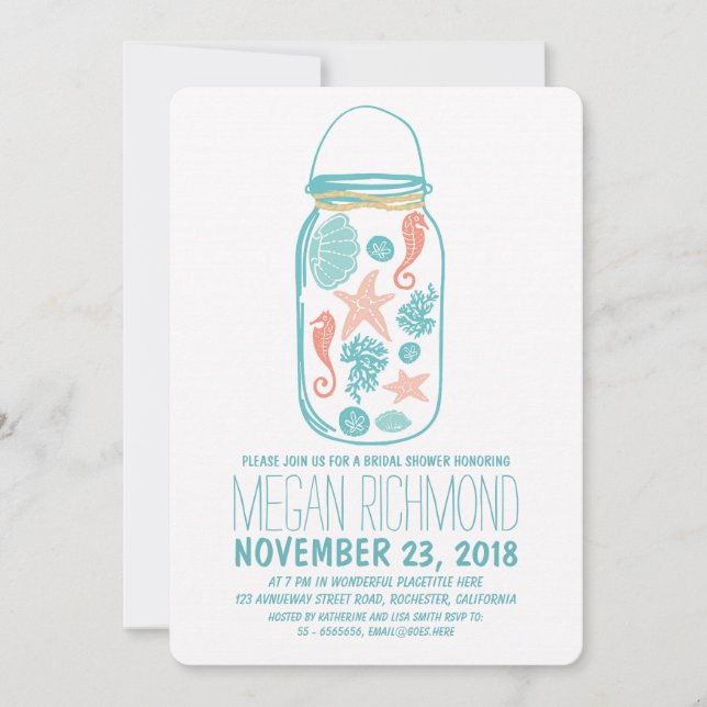 Seashells mason jar beach bridal shower invite (Front)