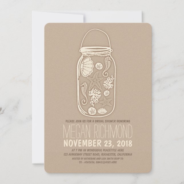 Seashells mason jar beach bridal shower invite (Front)