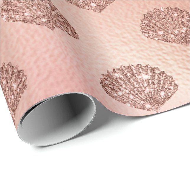 Seashells Mermaid Rose Gold Pink Princess Glitter Wrapping Paper (Roll Corner)