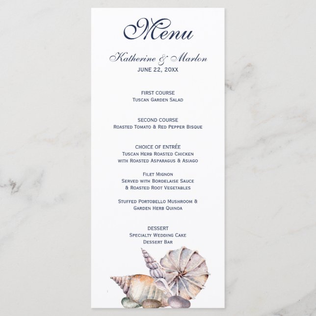 Seashells Message In A Bottle | Nautical Wedding Menu (Front)