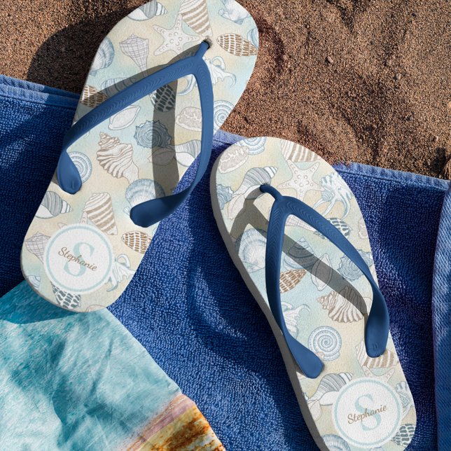 Seashells Monogram Name Coastal Pattern Thongs (Creator Uploaded)