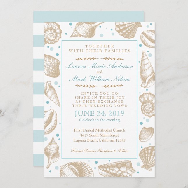Seashells Nautical Beach Wedding Aqua/Tan Invitation (Front/Back)
