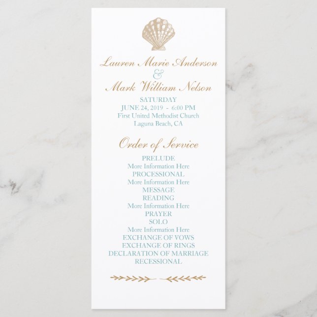 Seashells Nautical Beach Wedding Tan/Aqua Program (Front)
