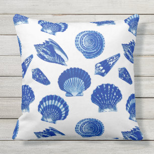 Seashells - Navy Blue on a White Background Outdoor Cushion