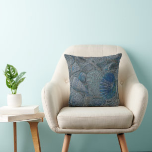 Seashells Ocean Beach Blue Nautical Metallic Cushion