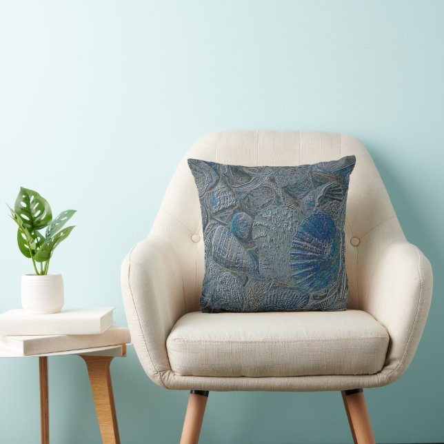 Seashells Ocean Beach Blue Nautical Metallic Cushion (Chair)