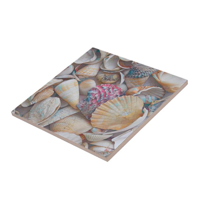 Seashells Ocean Beach Mosaic Art Nautical Ceramic Tile (Side)