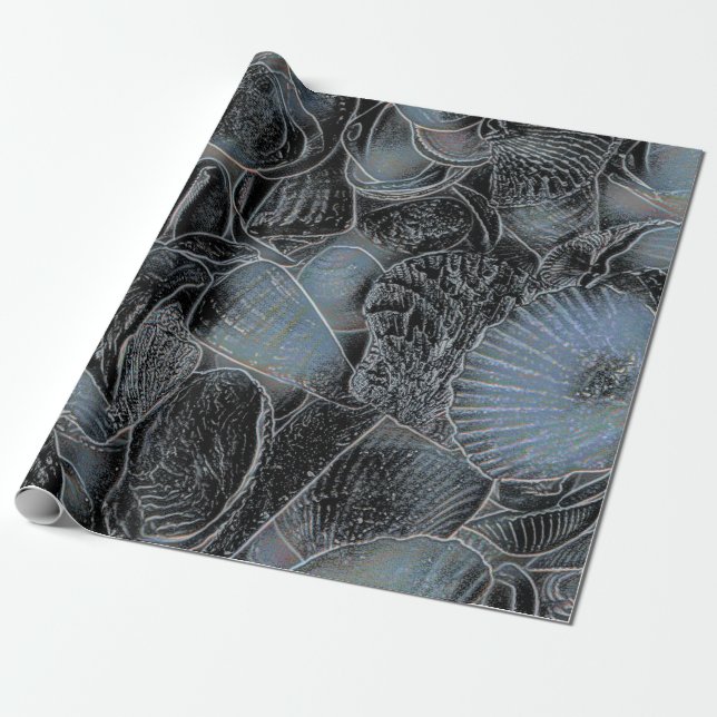 Seashells Ocean Beach Pastel Blue Black Decoupage Wrapping Paper (Unrolled)