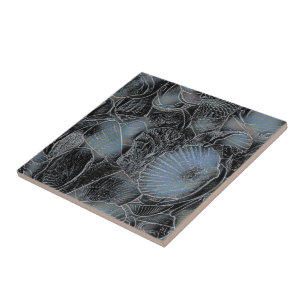 Seashells Ocean Beach Pastel Blue Black Nautical Ceramic Tile