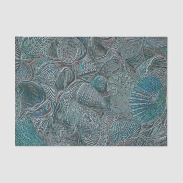 Seashells Ocean Beach Teal Grey Metallic Tissue Paper (Front)