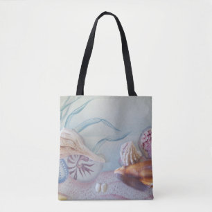 Seashells on an all-over printed tote bag